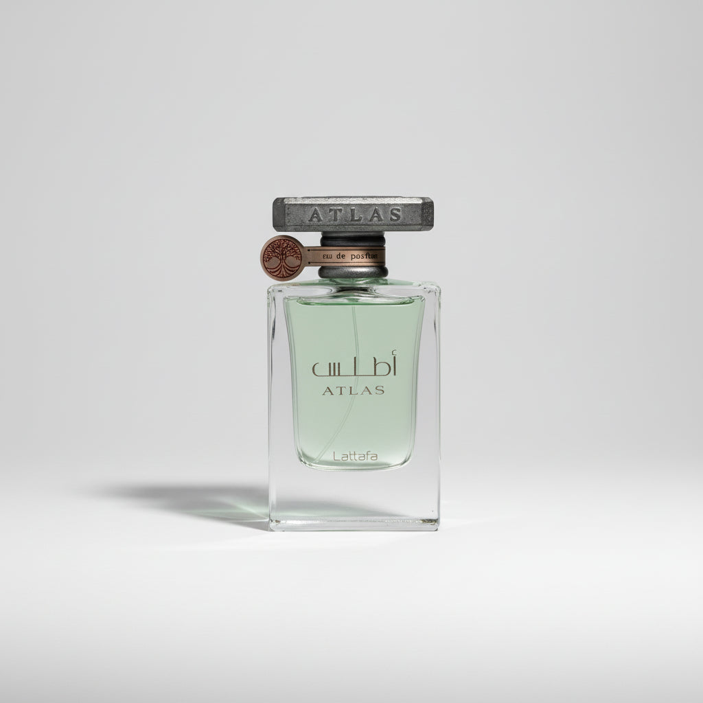 Perfume bottle labeled 'Atlas' on a white background