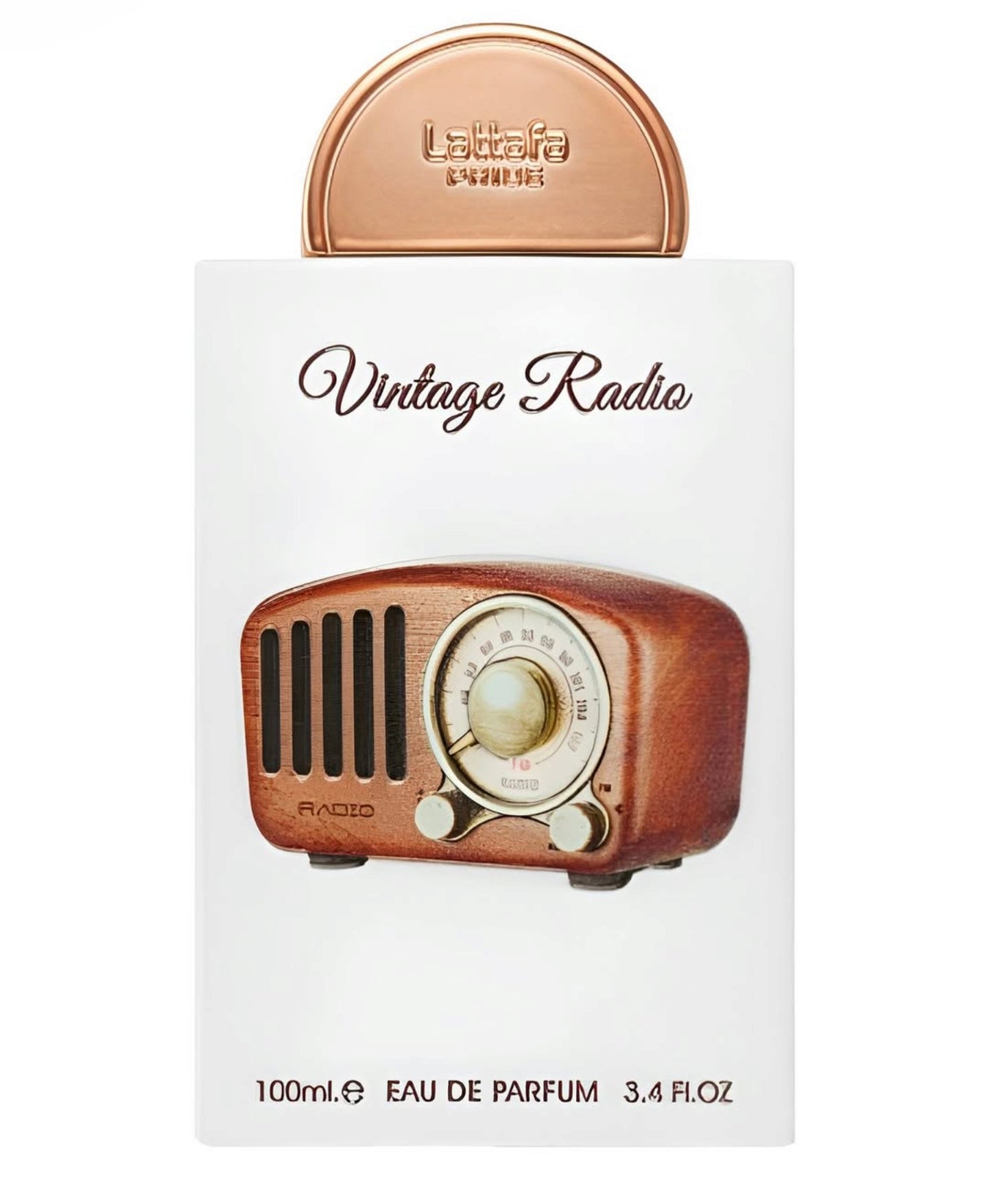 Vintage radio-shaped perfume bottle packaging on a white background